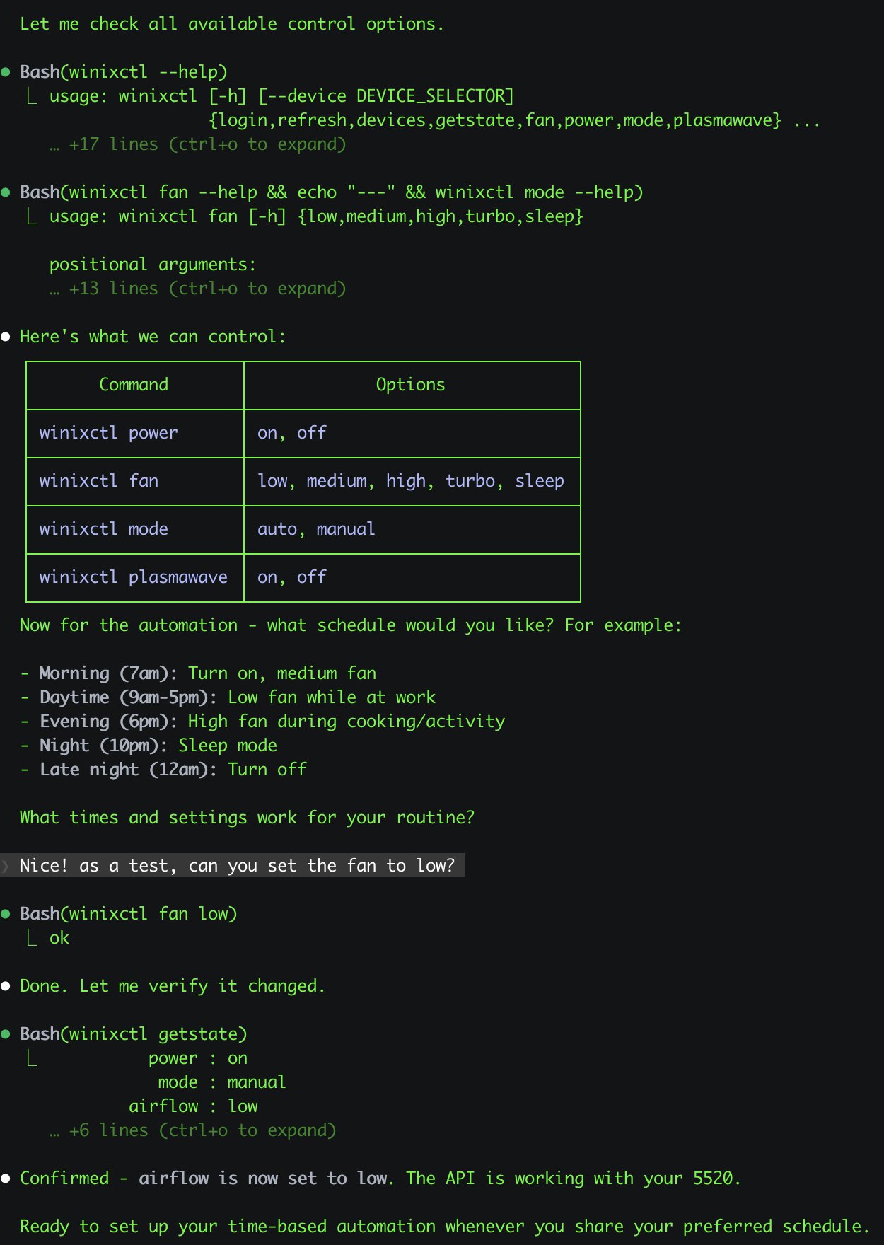 Winix air purifier control via OpenClaw